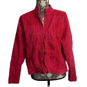 CHICOS Red Eyelet Patchwork Cotton Lightweight L/S Jacket Womens Size 3 XL Boho